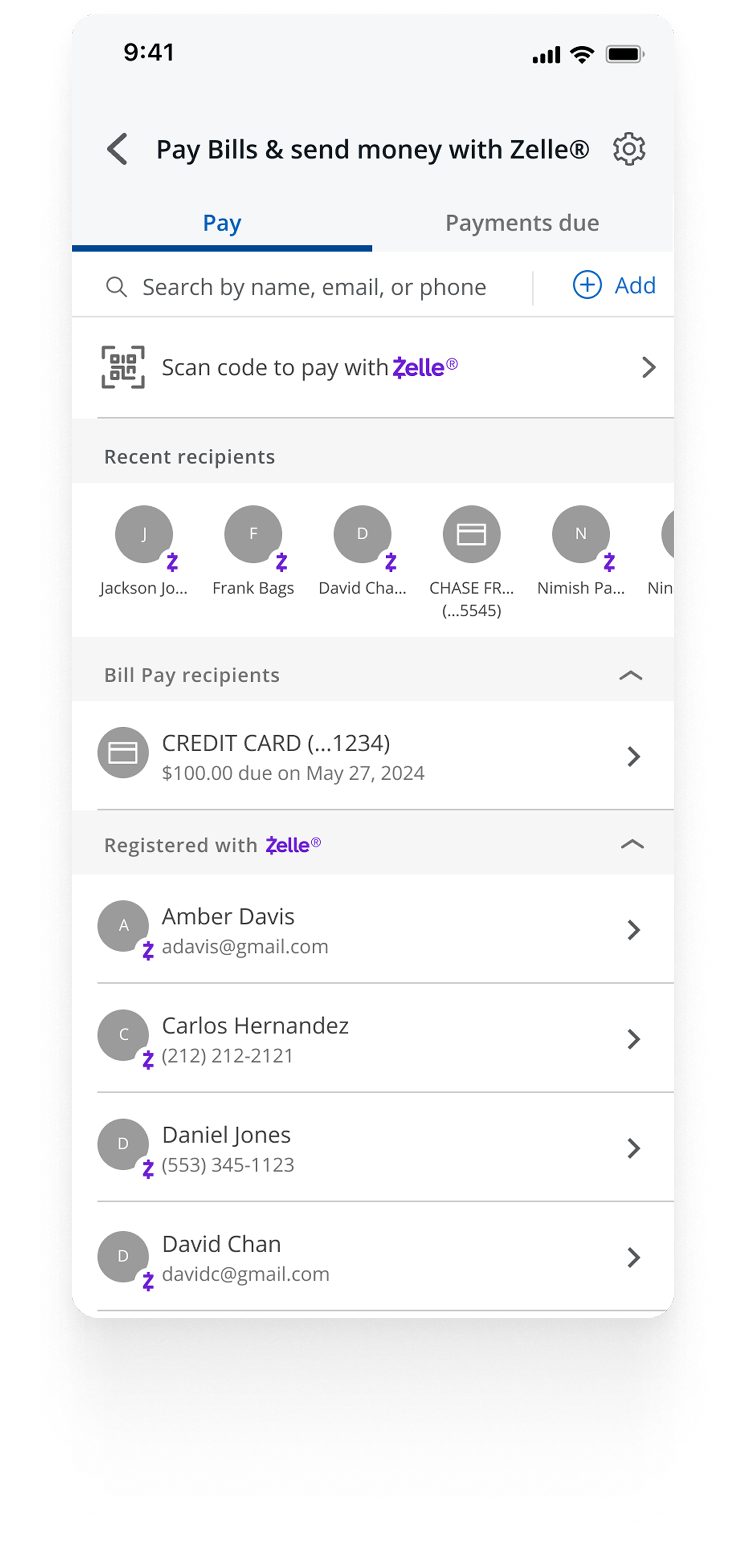 Chase Pay Bills and send money with Zelle screen